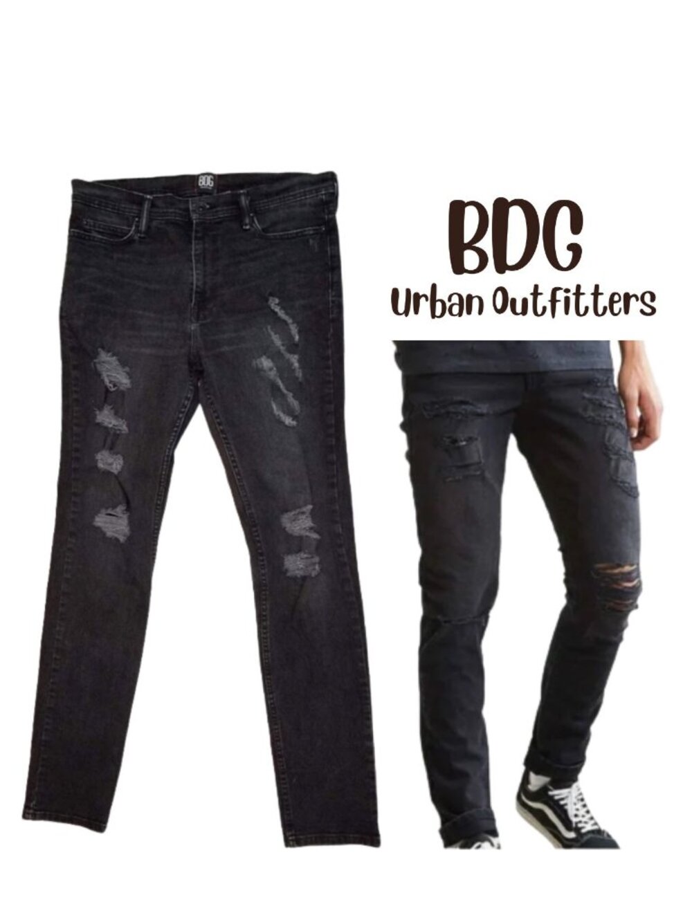 BDG Urban Outfitters Black Distressed Denim Skinny Stretch Jeans Men's 33x32